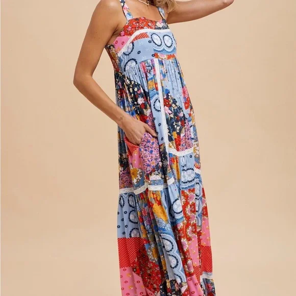 Easter Mother’s Day Vibrant Blue and Red Tiered Bustier Maxi Dress - Picture 2 of 3